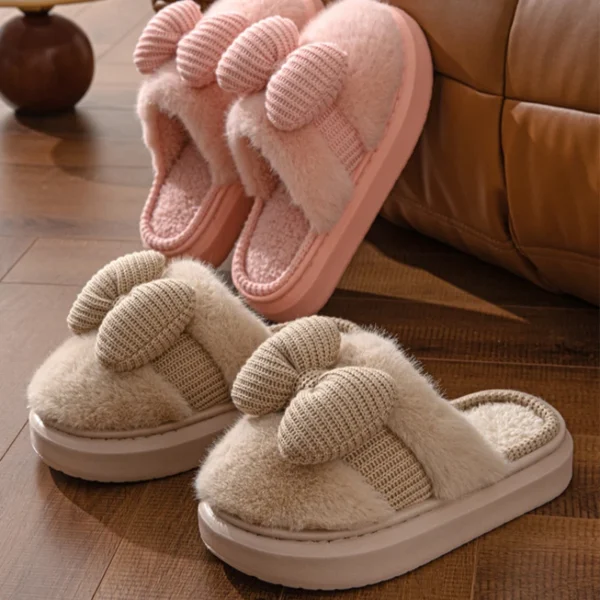 Women Fashion Plush Warm Bows Cotton Slippers Couple Winter New Thick Soft Sole Slides Men Indoor Floor Flat Home Non-slip Shoes - Image 6