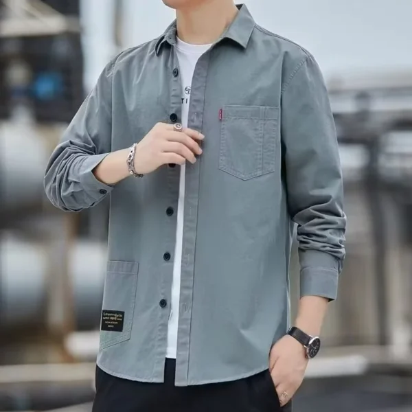 Men's Spring Casual Loose-fit Solid Color Workwear Shirt Jacket Trendy Streetwear For Teens - Image 2