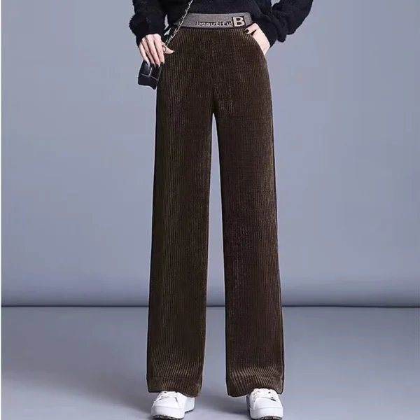 Fleecing Plush Thick Warm Letter Stripes High Waist Corduroy Straight OL Wide Leg Long Pant Women Winter Casual Trouser Clothing - Image 5