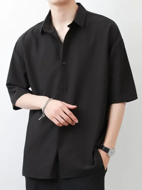 Summer Thin Ice Silk Short Sleeve Shirt Men Trendy Simple Pure Color Loose Casual Top Black White Gray Teens Adults - Image 2