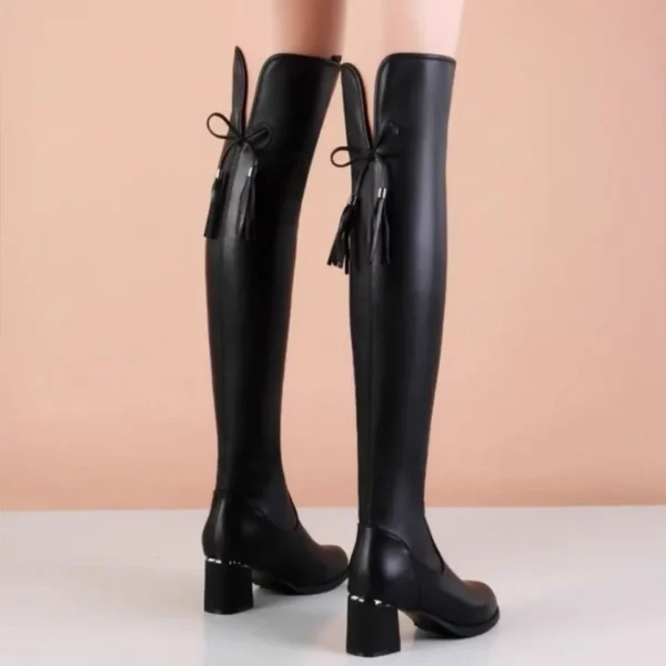 2023 Women Leather Elastic Boots Ladies Plush Long Boot Autumn Winter Thick Heels Over The Knee Boots Slip on Knight Botas - Image 4