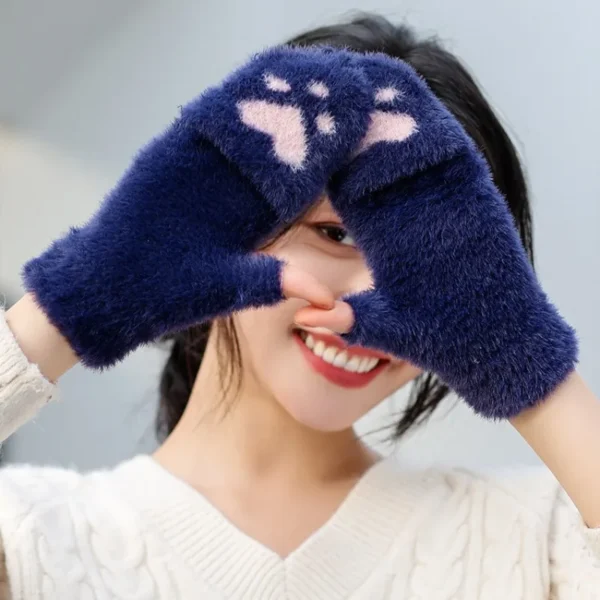 Thicken Women Warm Cat Gloves Fashion Girls Cat Claw Paw Plush Mittens Soft Plush Short Fingerless Half Finger Winter Gloves - Image 3